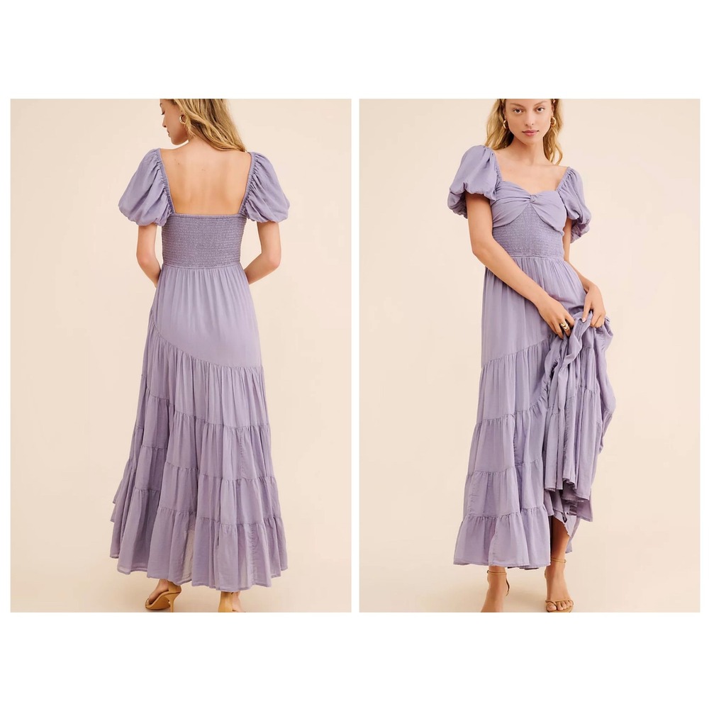 Free People Oasis Midi Dress Blue Granite Smocked Tiered Maxi NWT Small